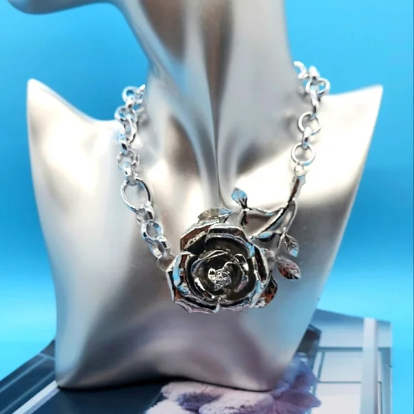 Artisan 3D Floral Rose Flower Embellished Silver Choker Necklace